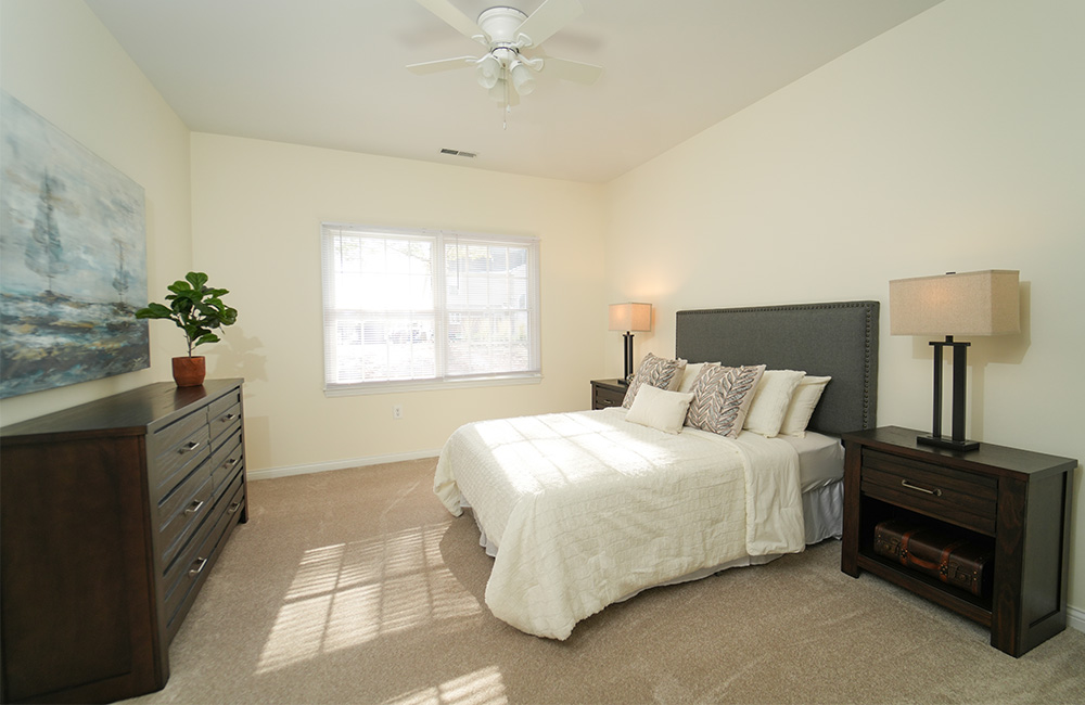 Bright bedroom with a large bed, two lamps, and a window with natural light.