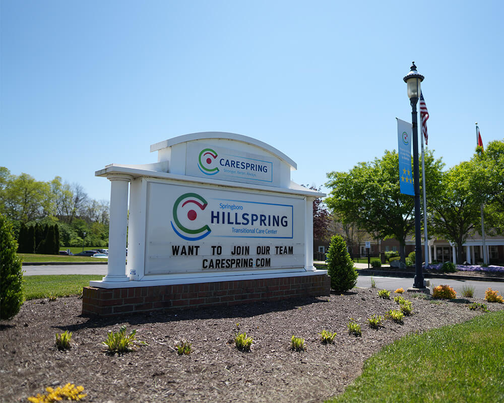 Entrance sign for Hillspring care center with surrounding greenery and flags under blue sky.