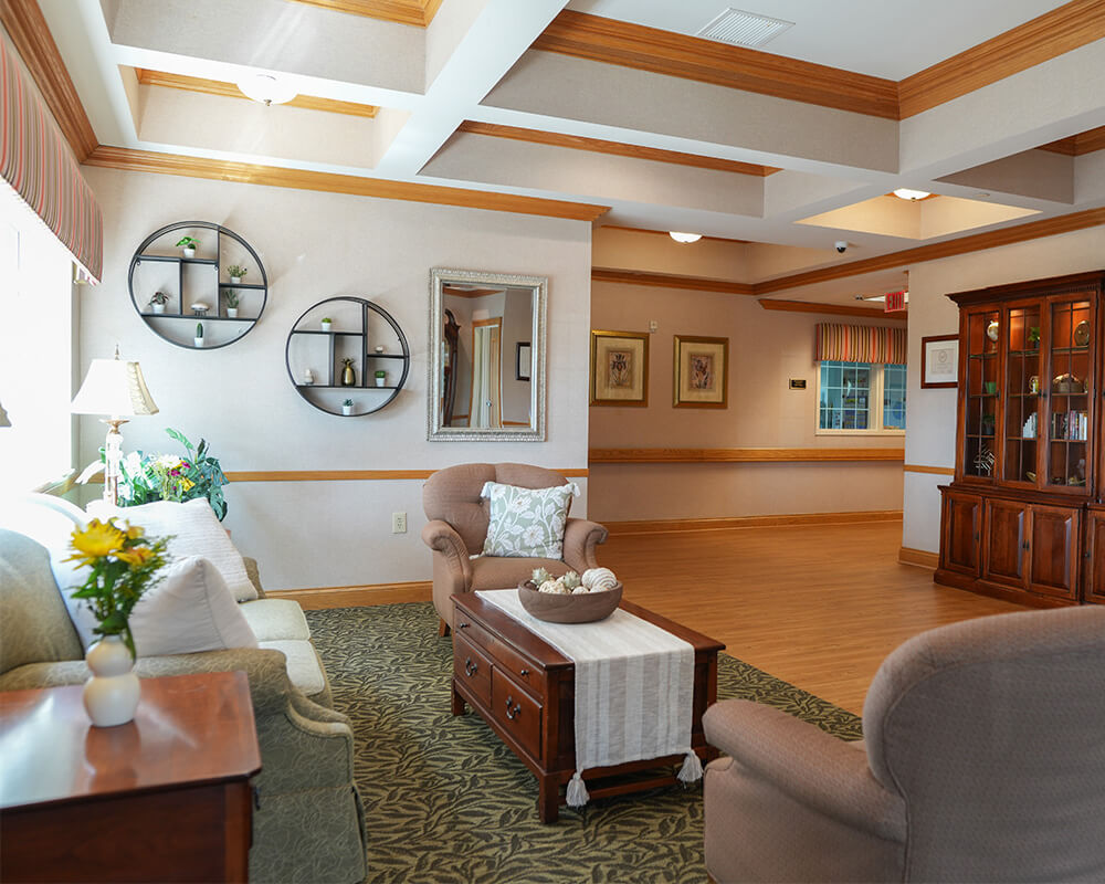 Cozy lounge area in senior units with armchairs, shelves, and decor.