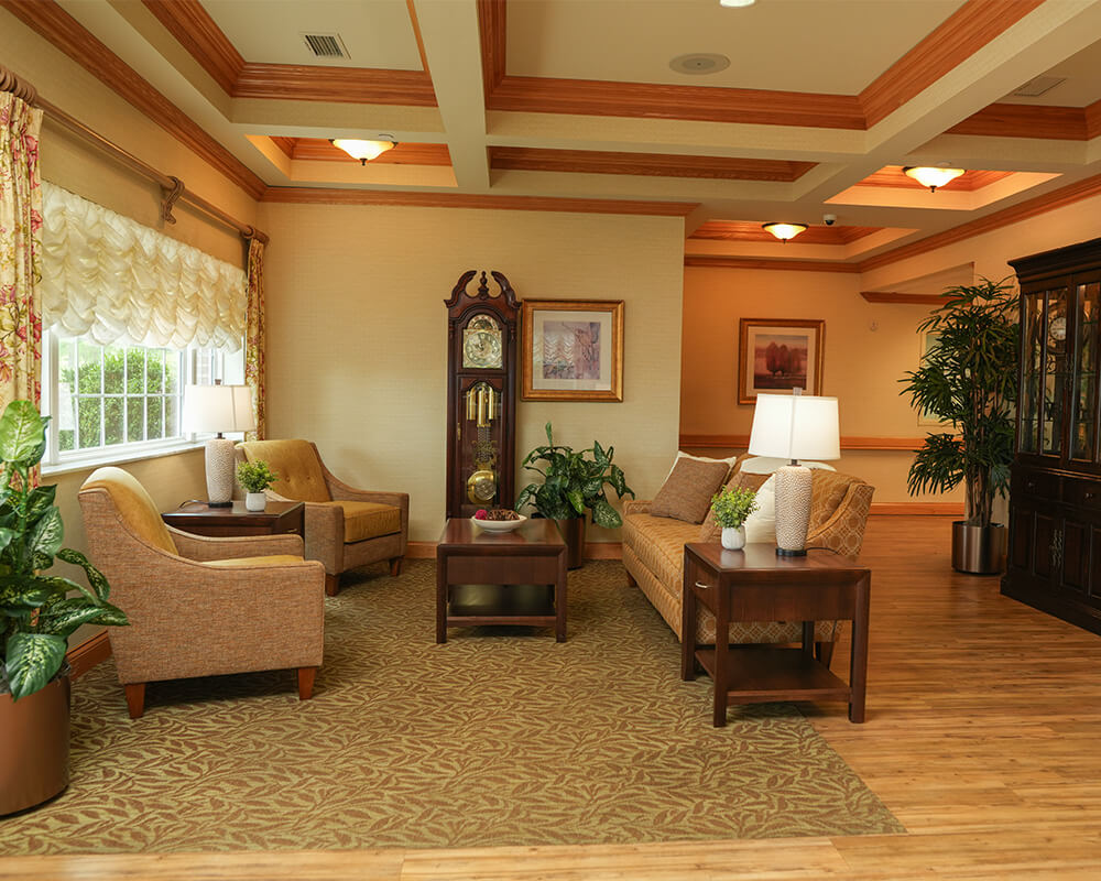 Cozy seating area with sofas, chairs, and a grandfather clock in a living space.