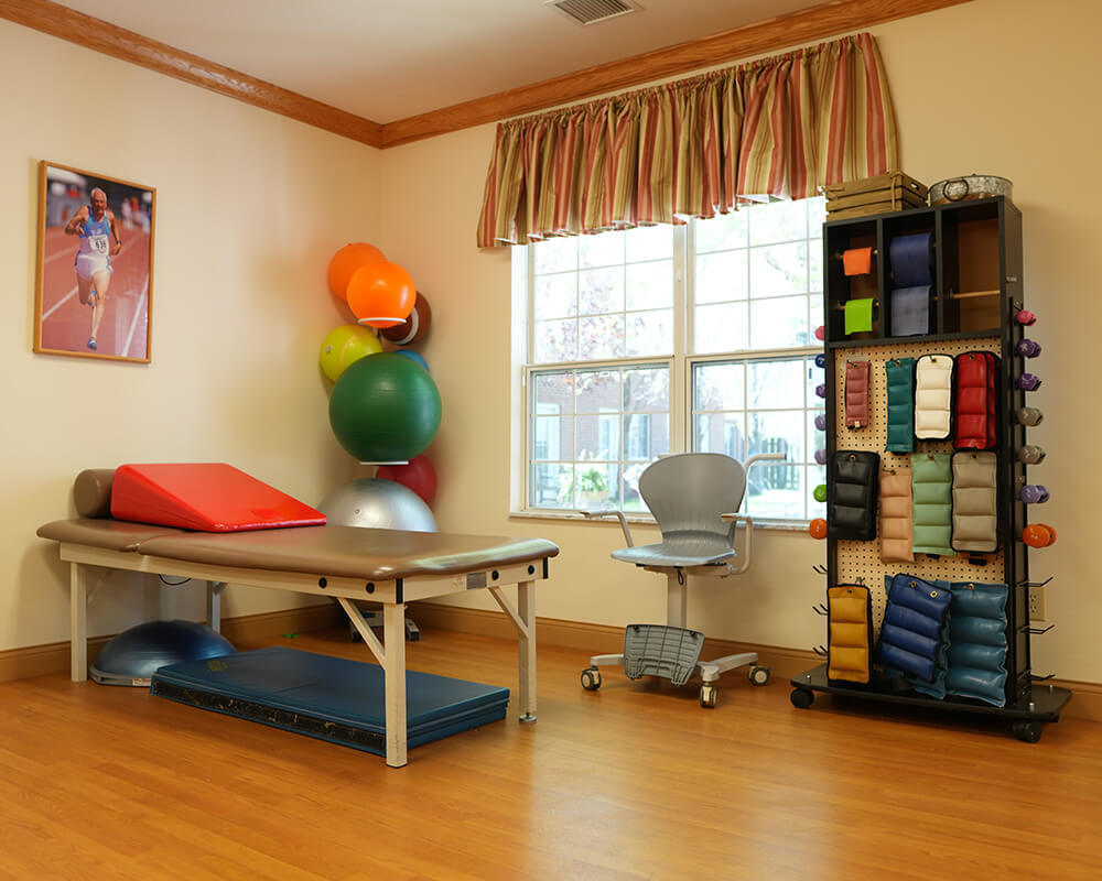 Exercise room with therapy table, exercise balls, and wall art in living community.
