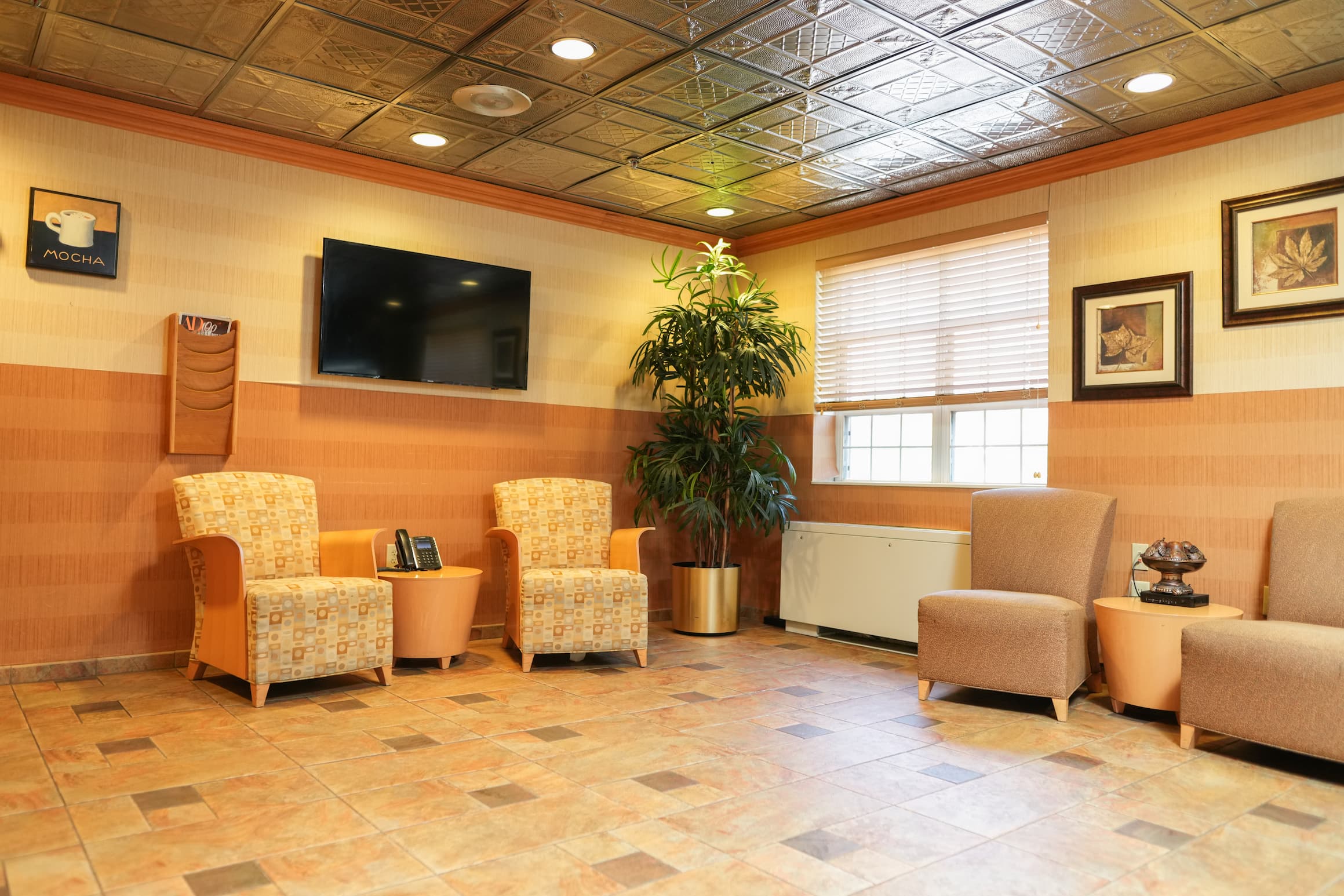 Comfortable seating area with plants, TV, and artwork in a community unit.
