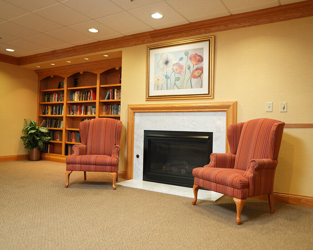 Cozy living unit with two armchairs, fireplace, and bookshelves.